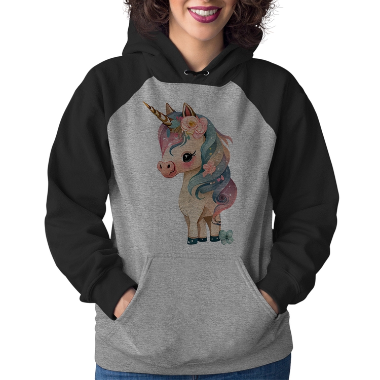 Moletom Feminino Unicórnio e Flores - Cinza/Preto