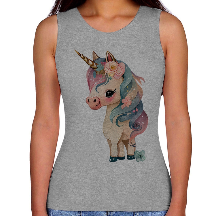 Regata Feminina Unicórnio e Flores - Cinza