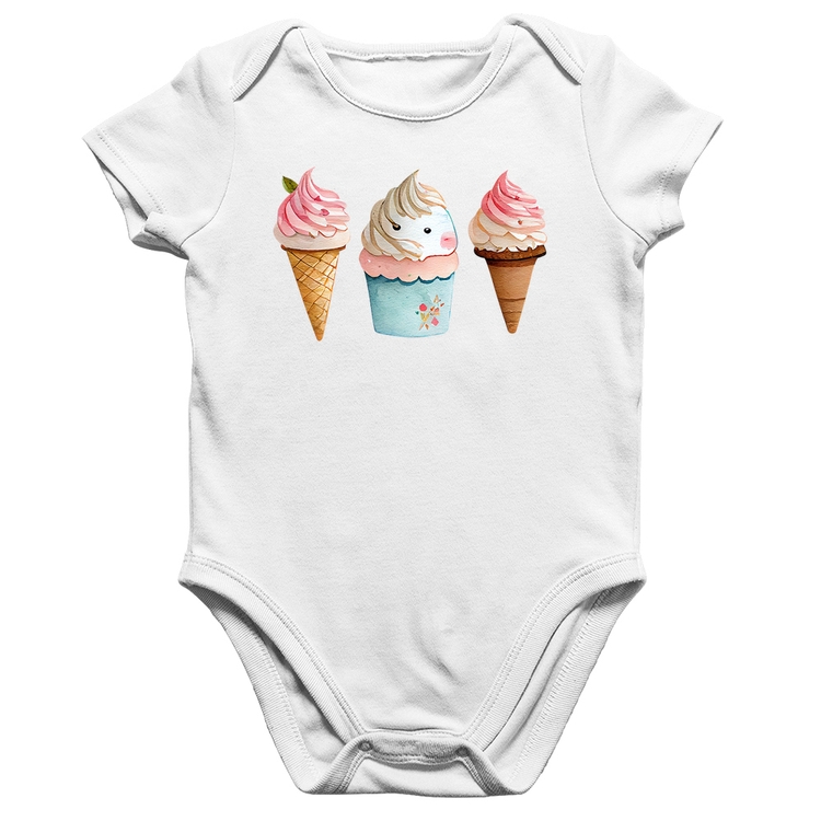 Body Bebê Algodão Unicórnio Sorvete - Branco