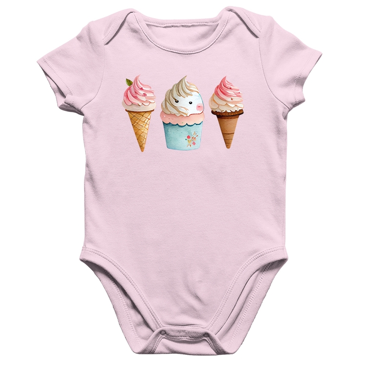 Body Bebê Algodão Unicórnio Sorvete - Rosa Bebê