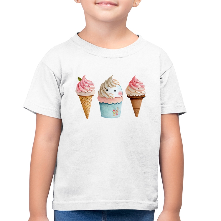 Camiseta Algodão Infantil Unicórnio Sorvete - Branca