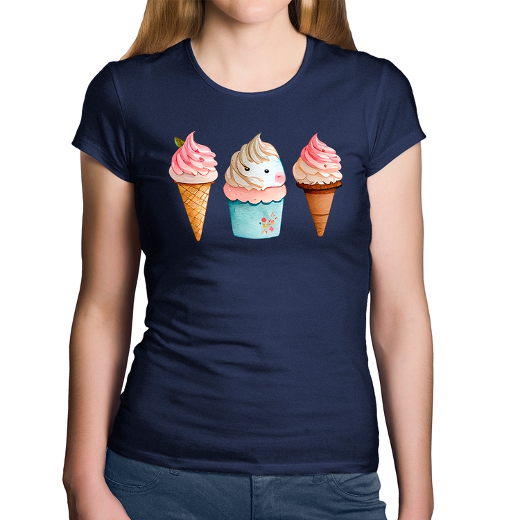 Baby Look Algodão Unicórnio Sorvete - Marinho