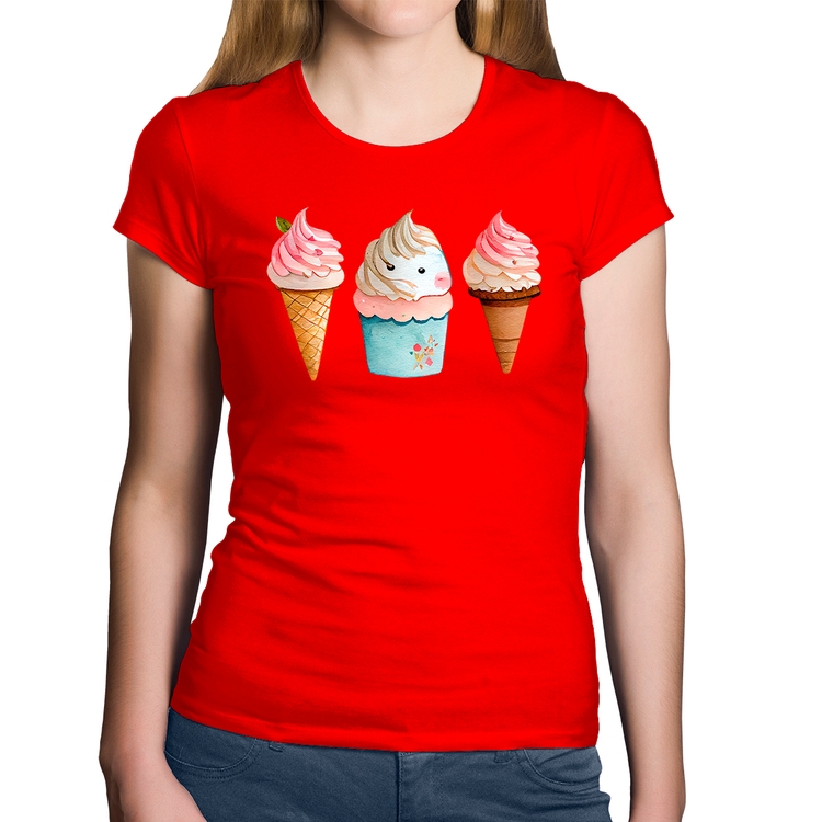 Baby Look Algodão Unicórnio Sorvete - Vermelha