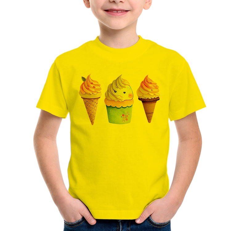 Camiseta Infantil Unicórnio Sorvete - Amarela