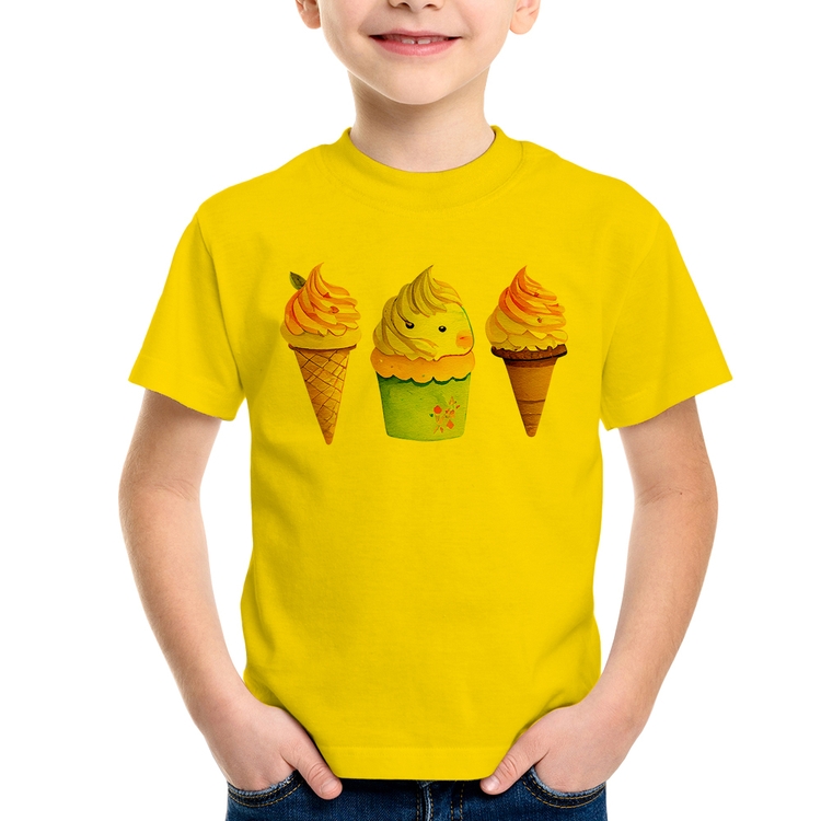 Camiseta Infantil Unicórnio Sorvete - Amarela