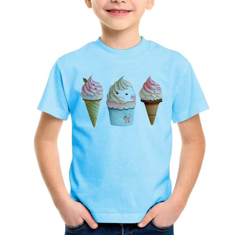 Camiseta Infantil Unicórnio Sorvete - Azul Bebê