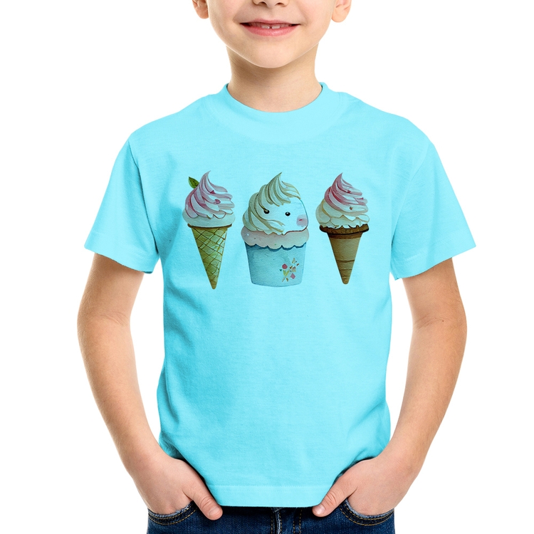 Camiseta Infantil Unicórnio Sorvete - Azul Claro