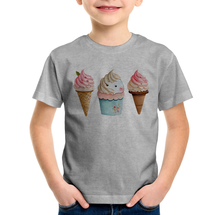 Camiseta Infantil Unicórnio Sorvete - Cinza