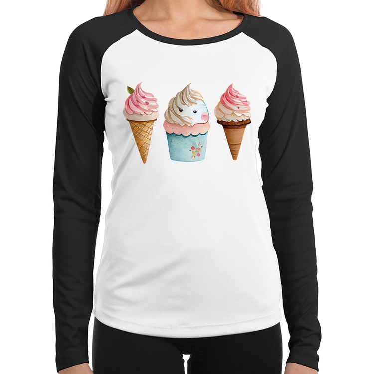 Baby Look Raglan Unicórnio Sorvete Manga Longa