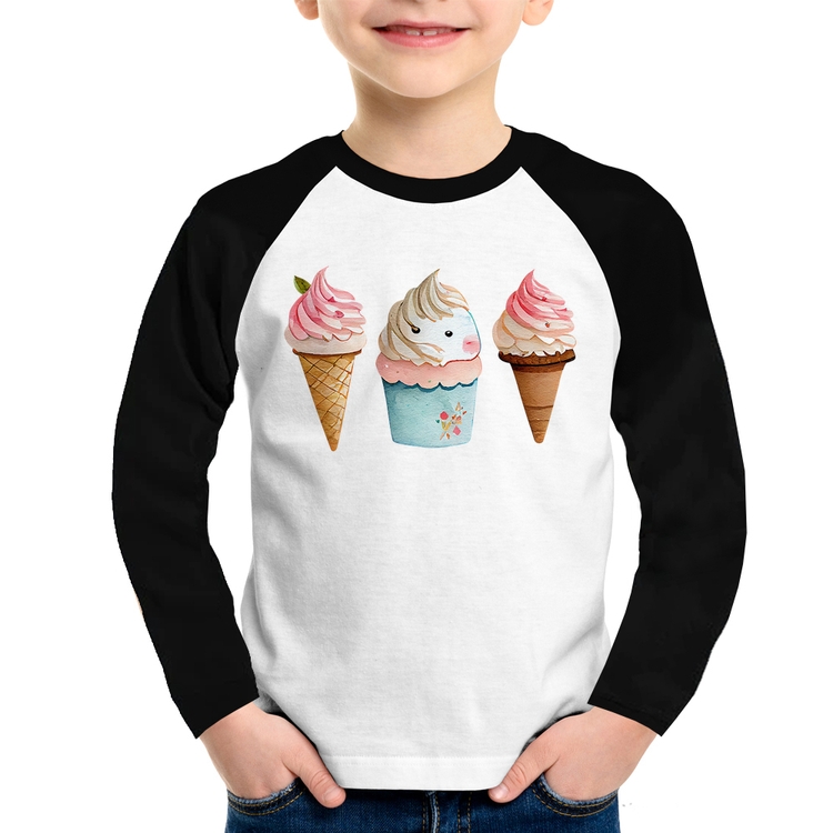 Camiseta Raglan Infantil Unicórnio Sorvete Manga Longa