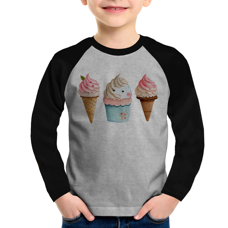 Camiseta Raglan Infantil Unicórnio Sorvete Manga Longa - Cinza/Preto