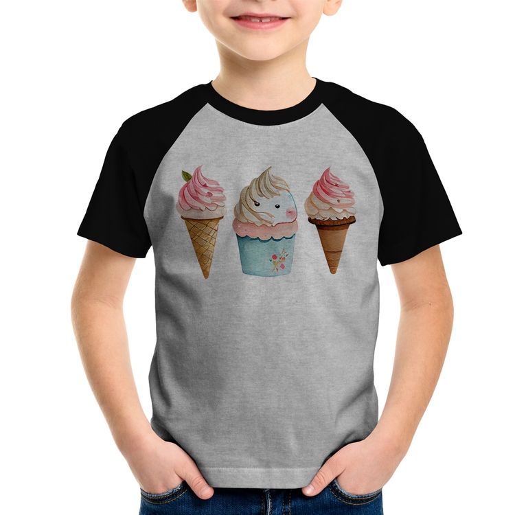 Camiseta Raglan Infantil Unicórnio Sorvete - Cinza/Preto