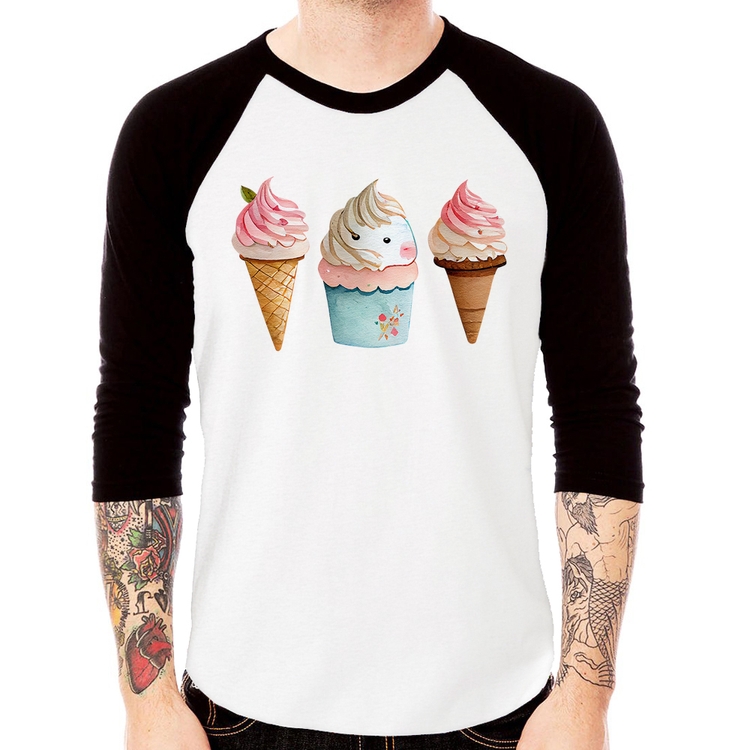 Camiseta Raglan Unicórnio Sorvete Manga 3/4