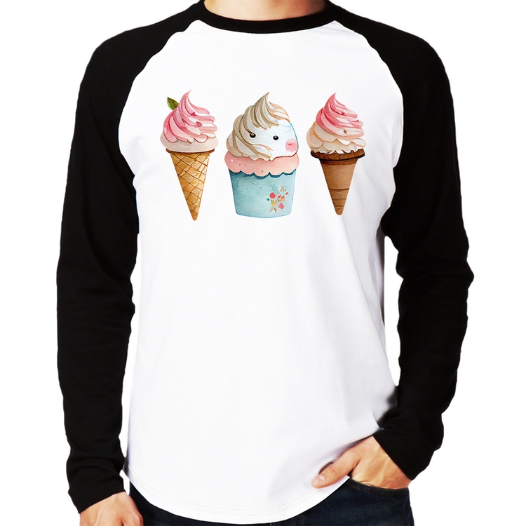 Camiseta Raglan Unicórnio Sorvete Manga Longa