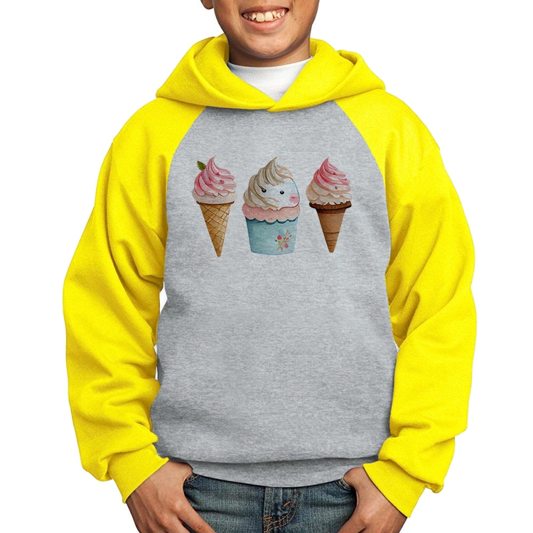 Moletom Infantil Unicórnio Sorvete - Cinza/Amarelo