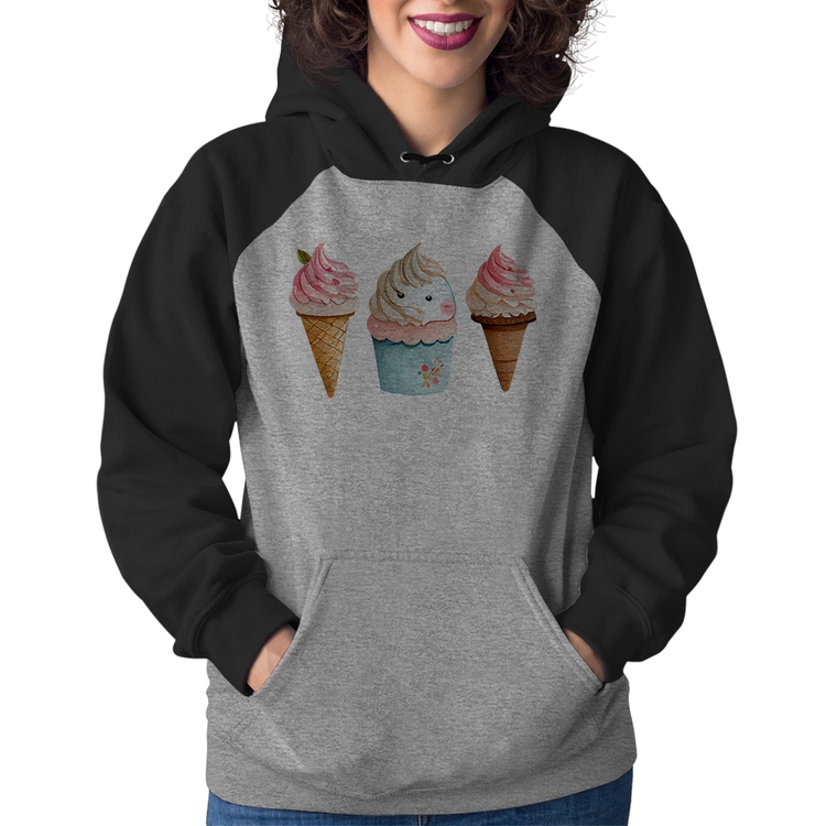 Moletom Feminino Unicórnio Sorvete - Cinza/Preto