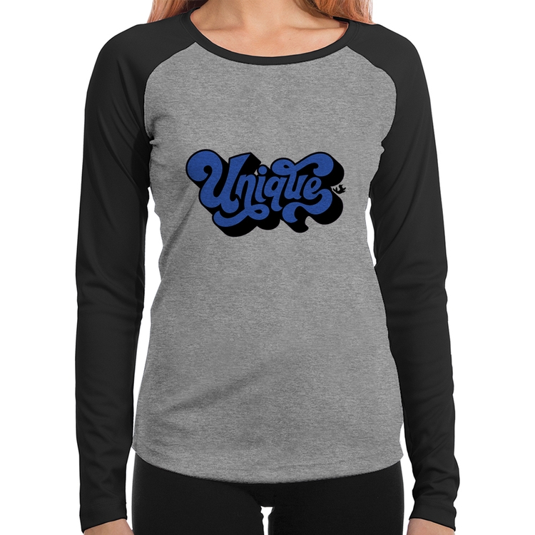 Baby Look Raglan Unique Manga Longa - Cinza/Preto