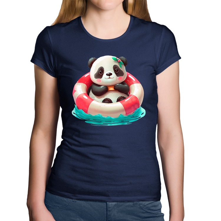 Baby Look Algodão Ursinha  Relaxando Na Piscina - Marinho