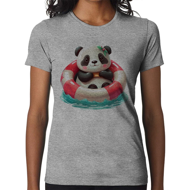 Baby Look Ursinha  Relaxando Na Piscina - Cinza