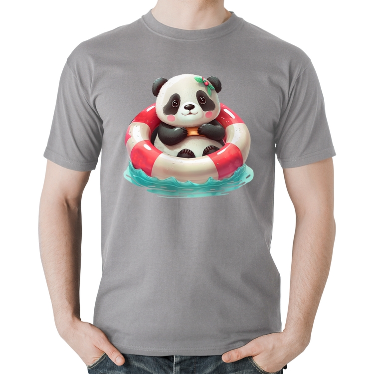 Camiseta Algodão Ursinha  Relaxando Na Piscina - Cinza