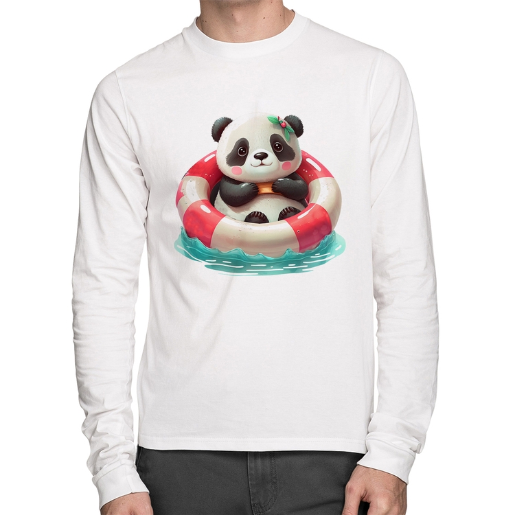 Camiseta Algodão Ursinha  Relaxando Na Piscina Manga Longa - Branca