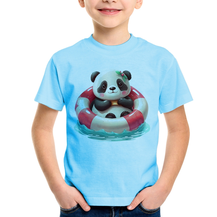Camiseta Infantil Ursinha  Relaxando Na Piscina - Azul Bebê