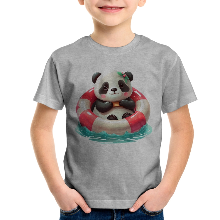 Camiseta Infantil Ursinha  Relaxando Na Piscina - Cinza