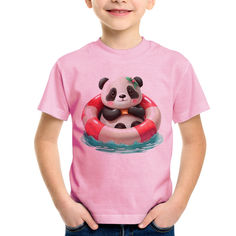 Camiseta Infantil Ursinha  Relaxando Na Piscina - Rosa Bebê
