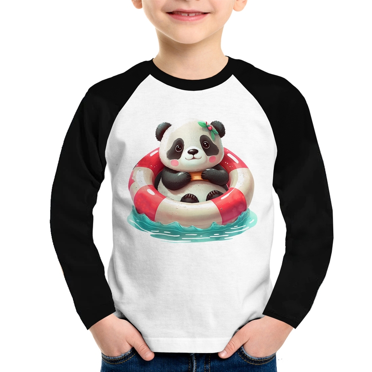 Camiseta Raglan Infantil Ursinha  Relaxando Na Piscina Manga Longa