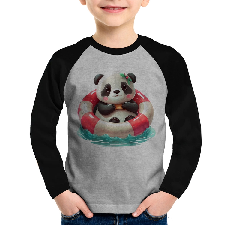 Camiseta Raglan Infantil Ursinha  Relaxando Na Piscina Manga Longa - Cinza/Preto