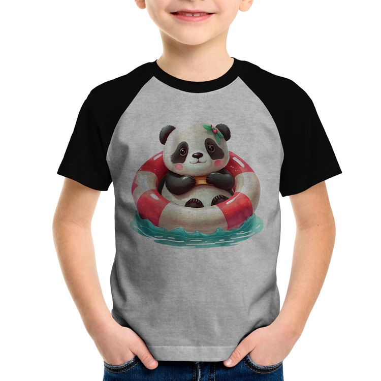 Camiseta Raglan Infantil Ursinha  Relaxando Na Piscina - Cinza/Preto