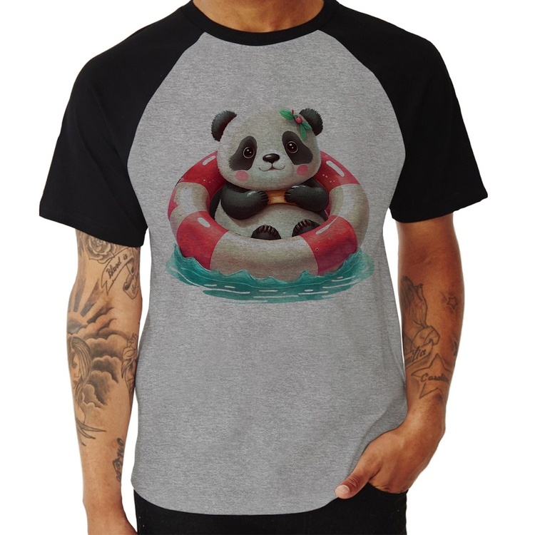 Camiseta Raglan Ursinha  Relaxando Na Piscina - Cinza/Preto