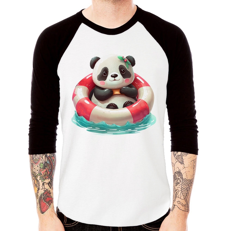 Camiseta Raglan Ursinha  Relaxando Na Piscina Manga 3/4