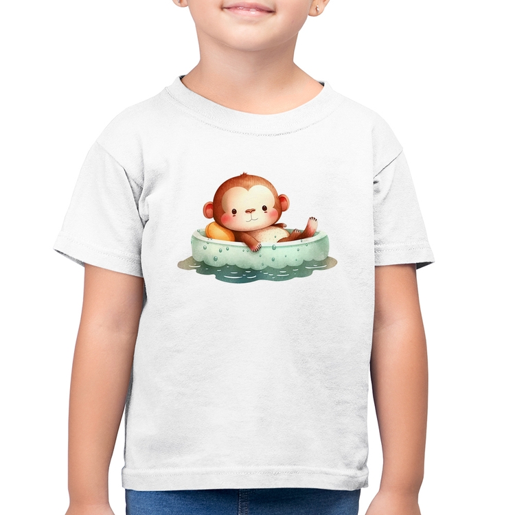 Camiseta Algodão Infantil Ursinho Bebê Na Piscina  - Branca