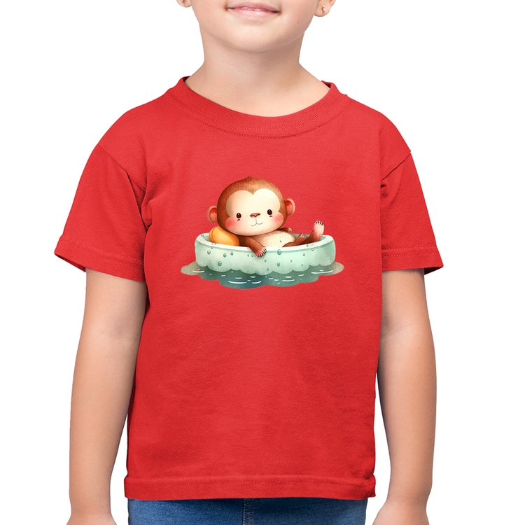 Camiseta Algodão Infantil Ursinho Bebê Na Piscina  - Vermelha