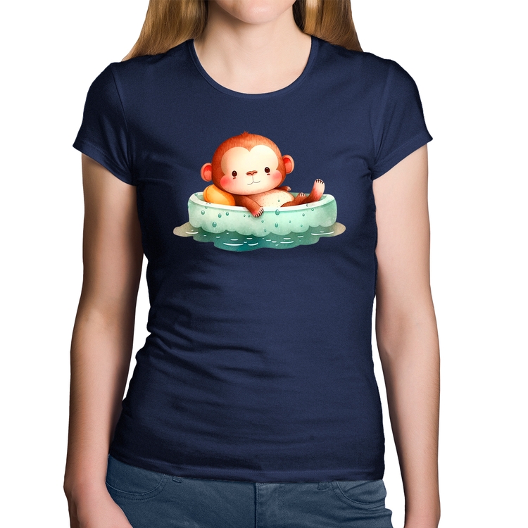 Baby Look Algodão Ursinho Bebê Na Piscina  - Marinho