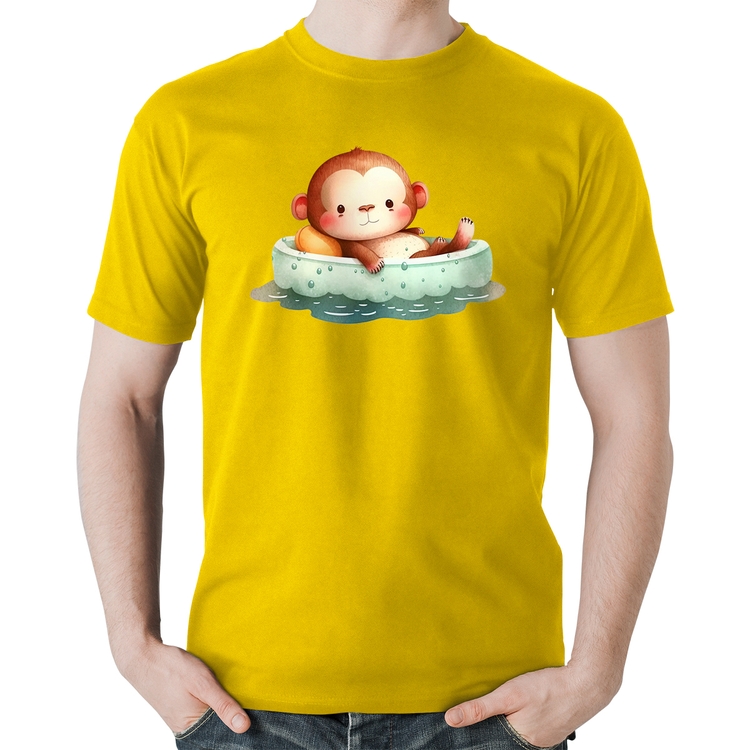 Camiseta Algodão Ursinho Bebê Na Piscina  - Amarela