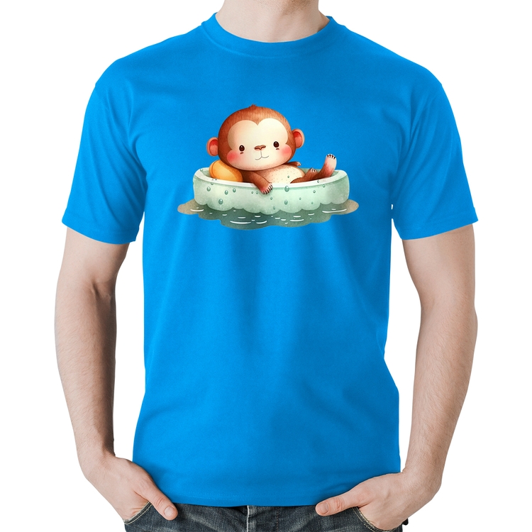 Camiseta Algodão Ursinho Bebê Na Piscina  - Azul