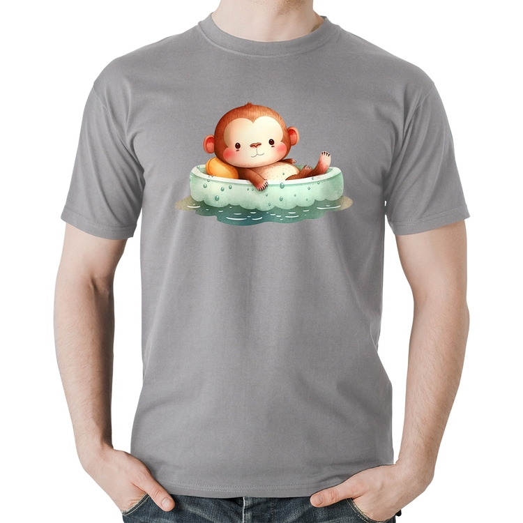 Camiseta Algodão Ursinho Bebê Na Piscina  - Cinza