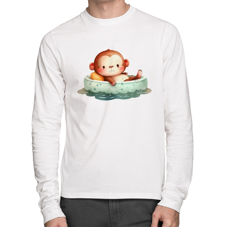 Camiseta Algodão Ursinho Bebê Na Piscina  Manga Longa - Branca