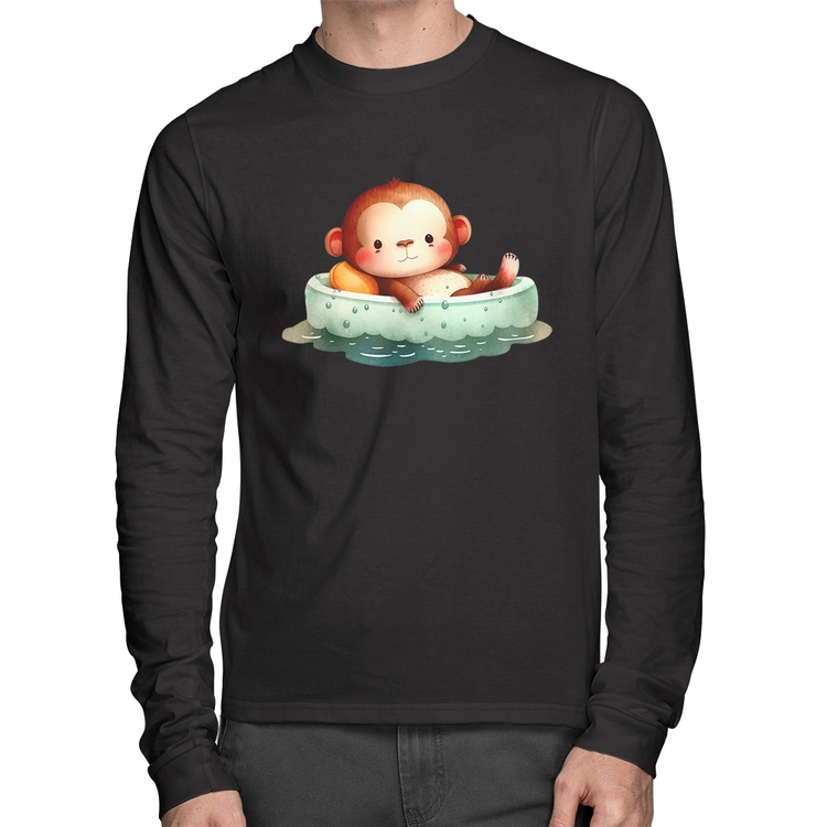 Camiseta Algodão Ursinho Bebê Na Piscina  Manga Longa