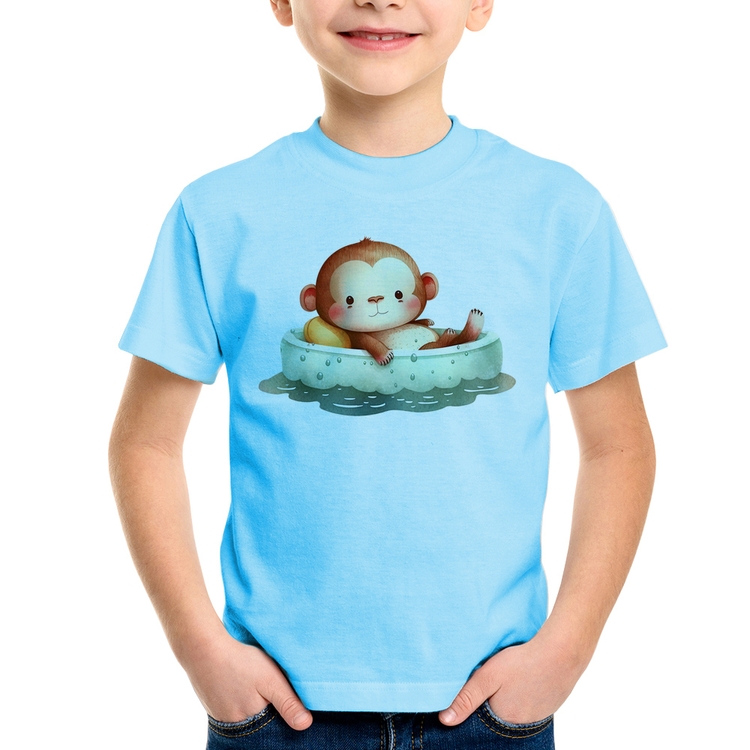 Camiseta Infantil Ursinho Bebê Na Piscina  - Azul Bebê