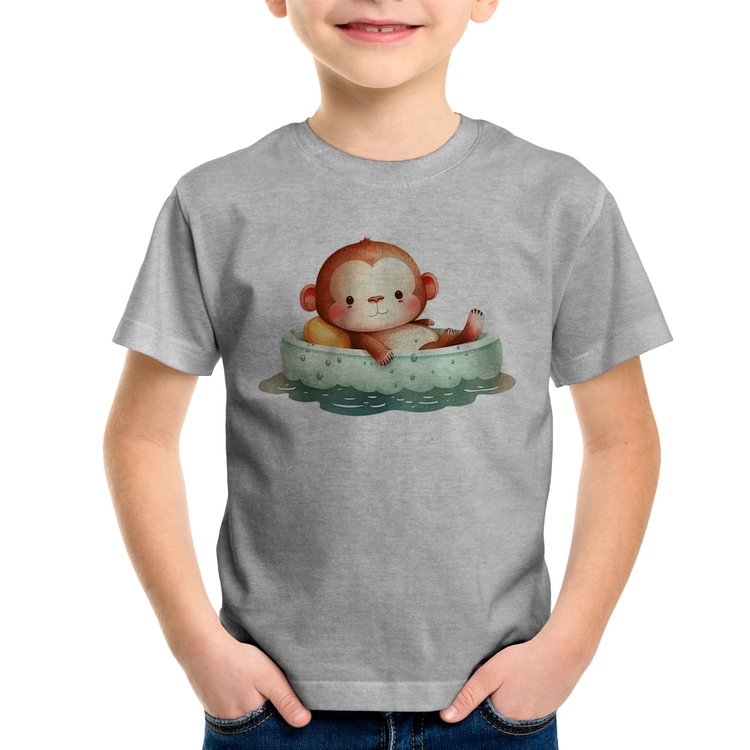 Camiseta Infantil Ursinho Bebê Na Piscina  - Cinza
