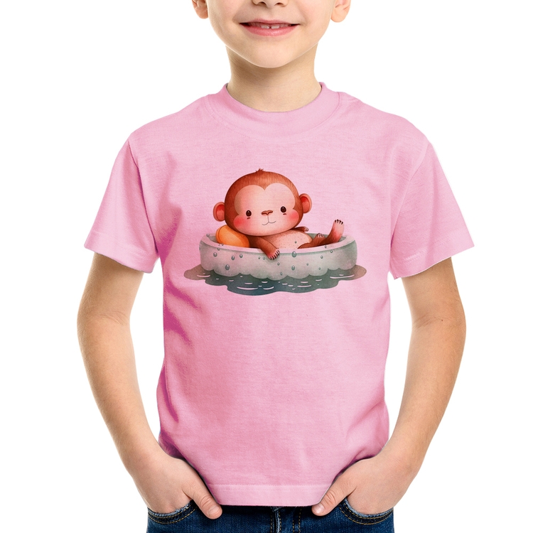 Camiseta Infantil Ursinho Bebê Na Piscina  - Rosa Bebê