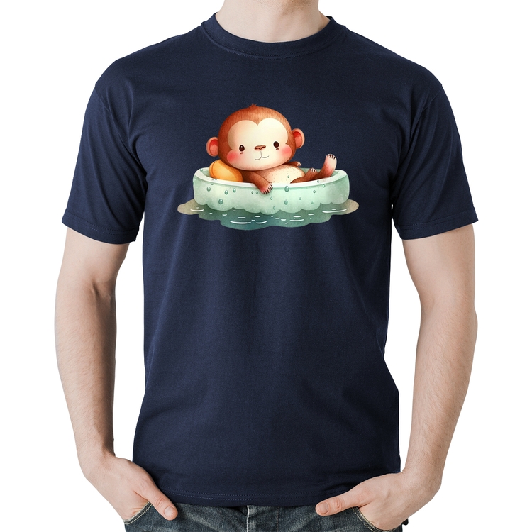 Camiseta Algodão Ursinho Bebê Na Piscina  - Marinho