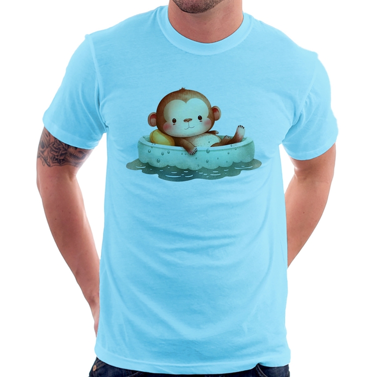 Camiseta Ursinho Bebê Na Piscina  - Azul Bebê