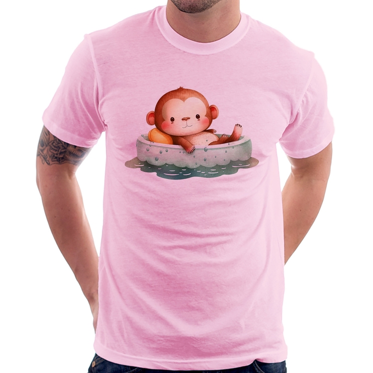 Camiseta Ursinho Bebê Na Piscina  - Rosa Bebê
