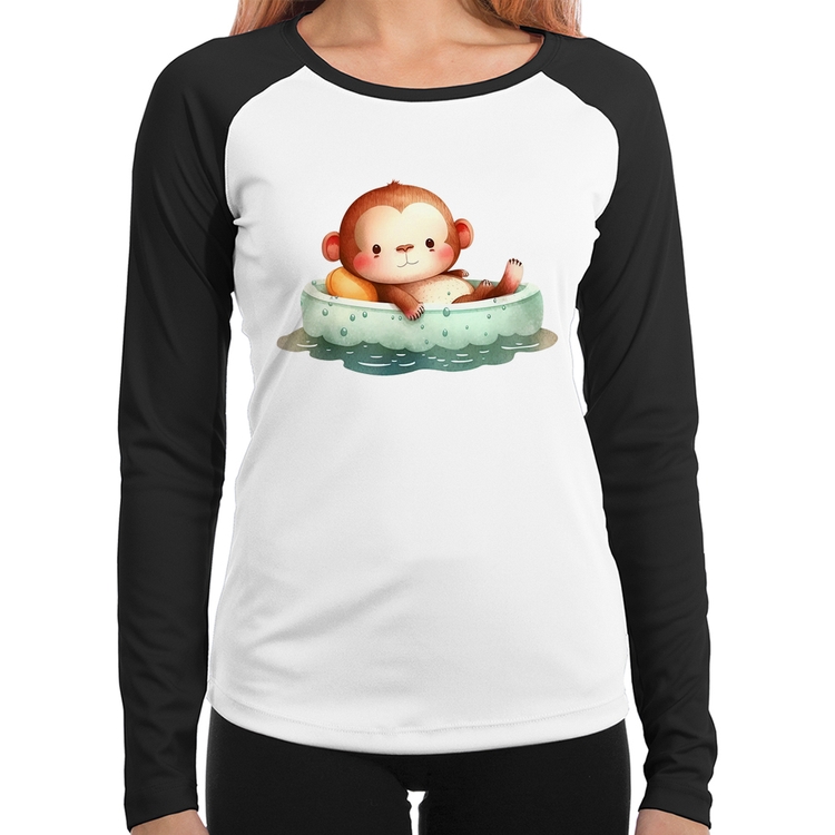 Baby Look Raglan Ursinho Bebê Na Piscina  Manga Longa
