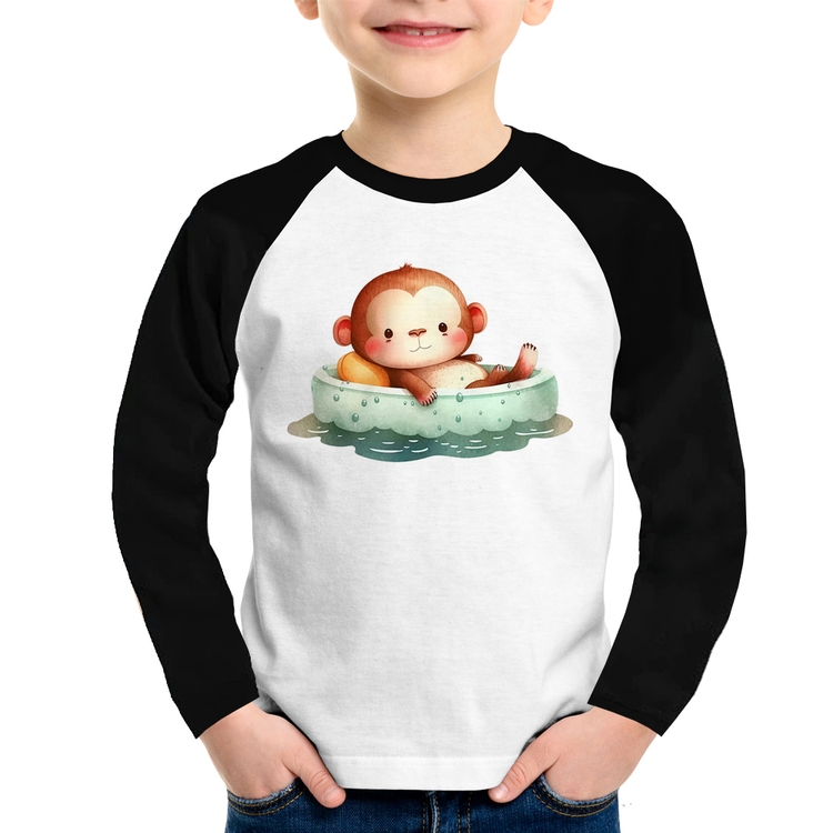 Camiseta Raglan Infantil Ursinho Bebê Na Piscina  Manga Longa