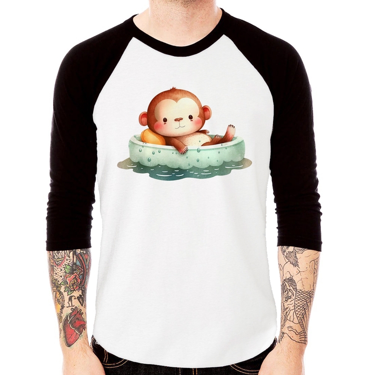 Camiseta Raglan Ursinho Bebê Na Piscina  Manga 3/4